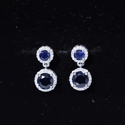 Lab Created Blue Sapphire Wedding Dangle Earrings with Moissanite Halo
