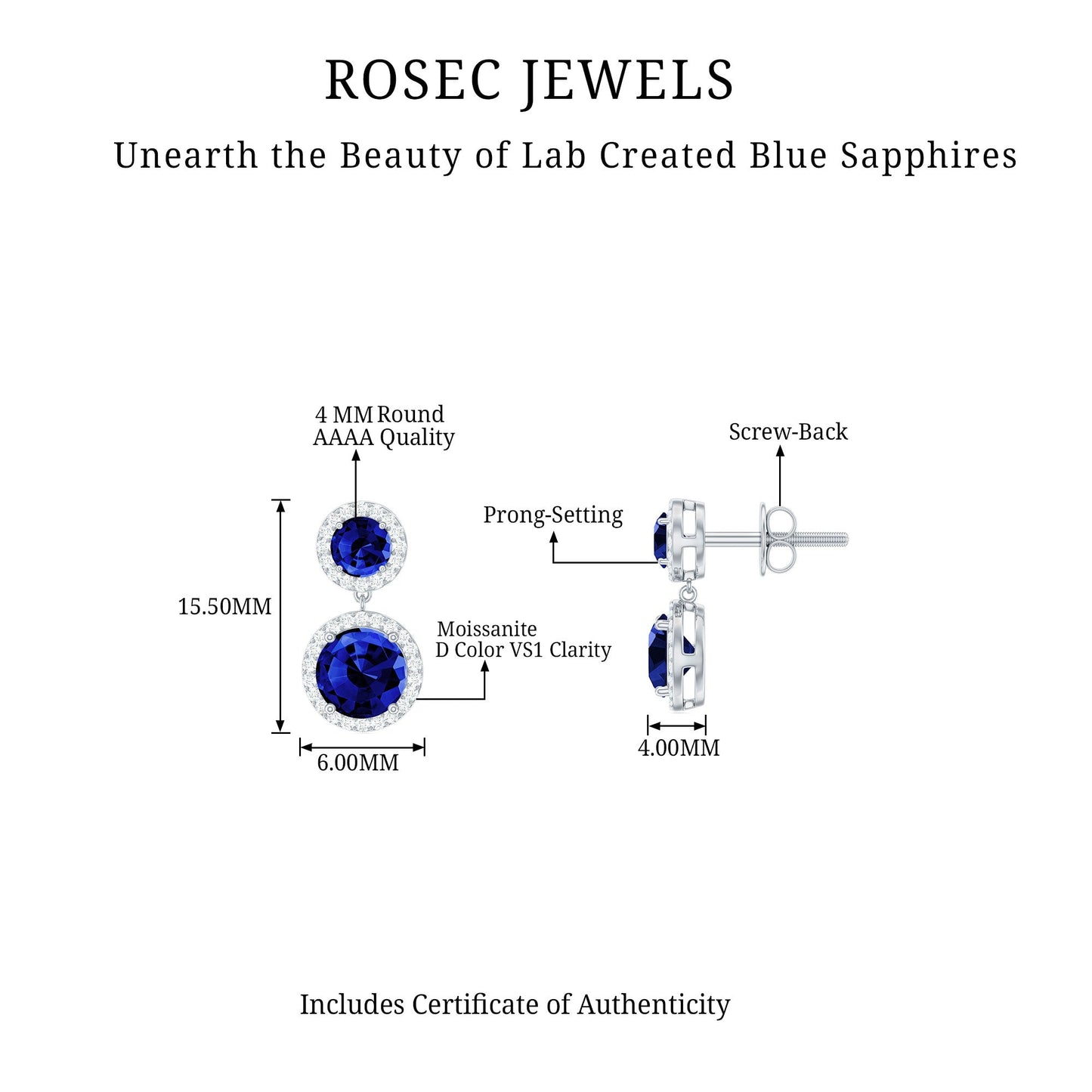 Lab Created Blue Sapphire Wedding Dangle Earrings with Moissanite Halo