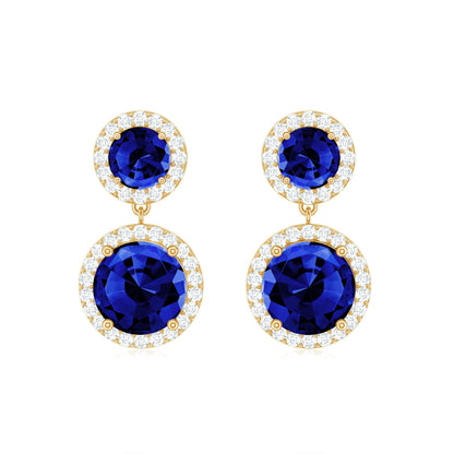 Lab Created Blue Sapphire Wedding Dangle Earrings with Moissanite Halo