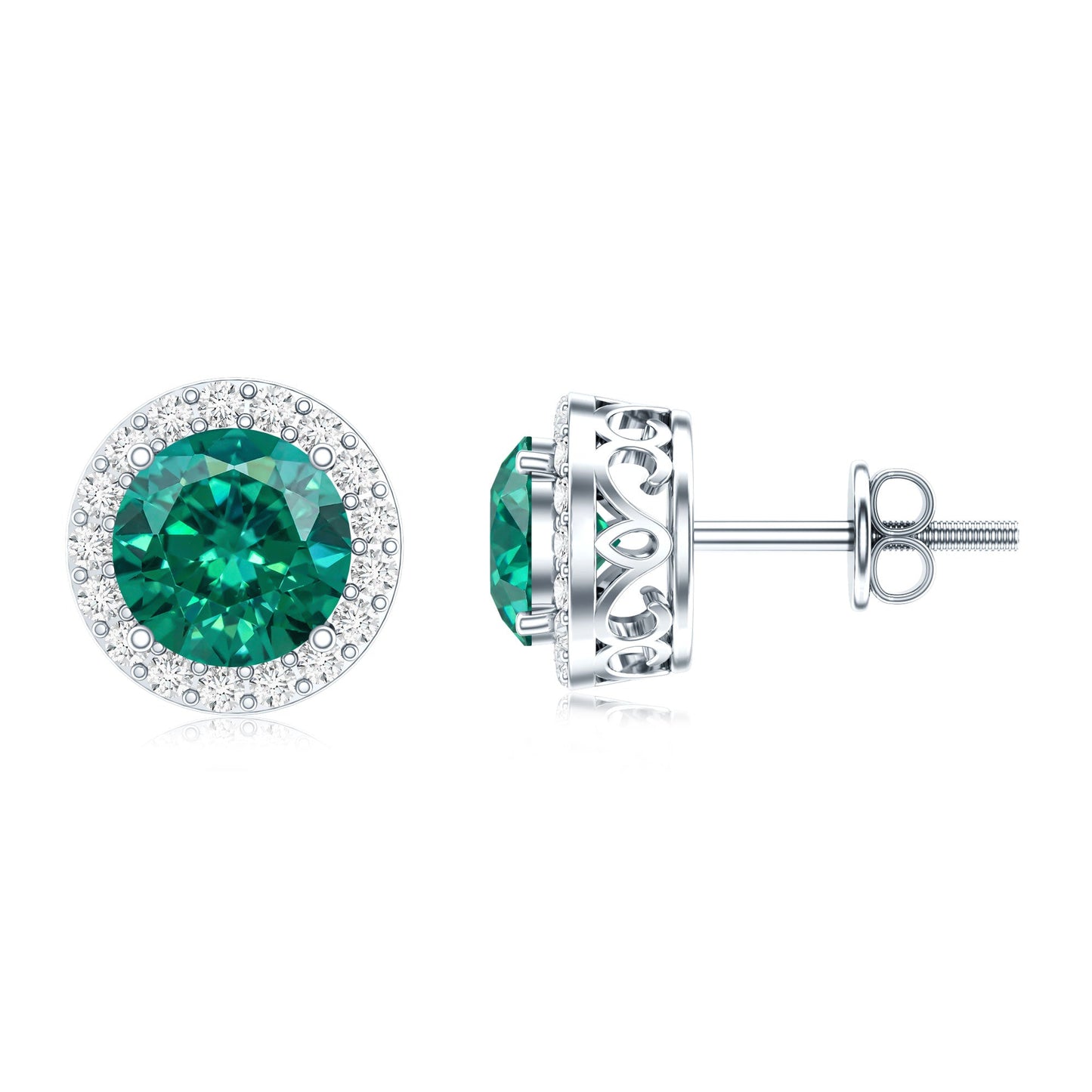 Created Emerald and Diamond Classic Halo Stud Earrings