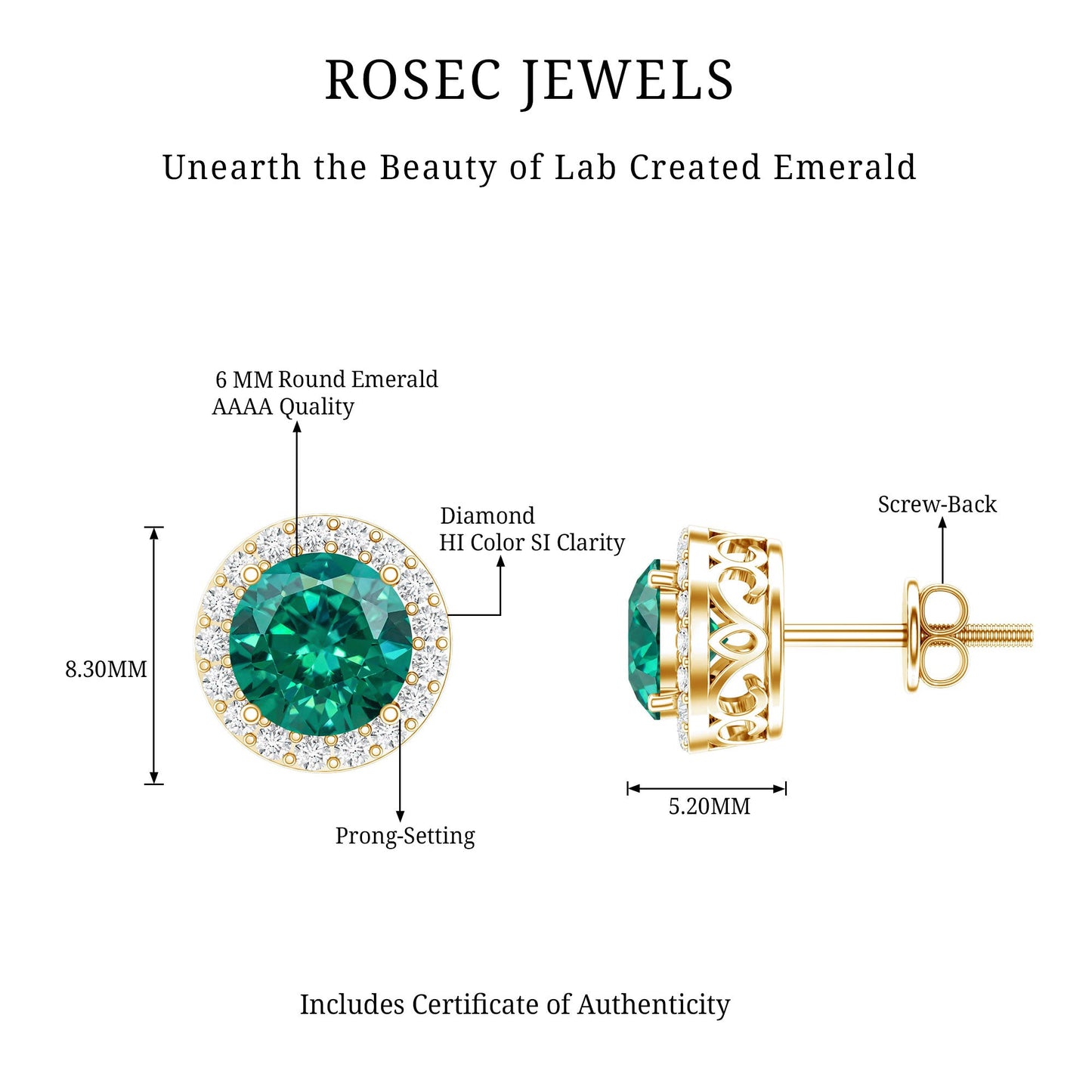 Created Emerald and Diamond Classic Halo Stud Earrings