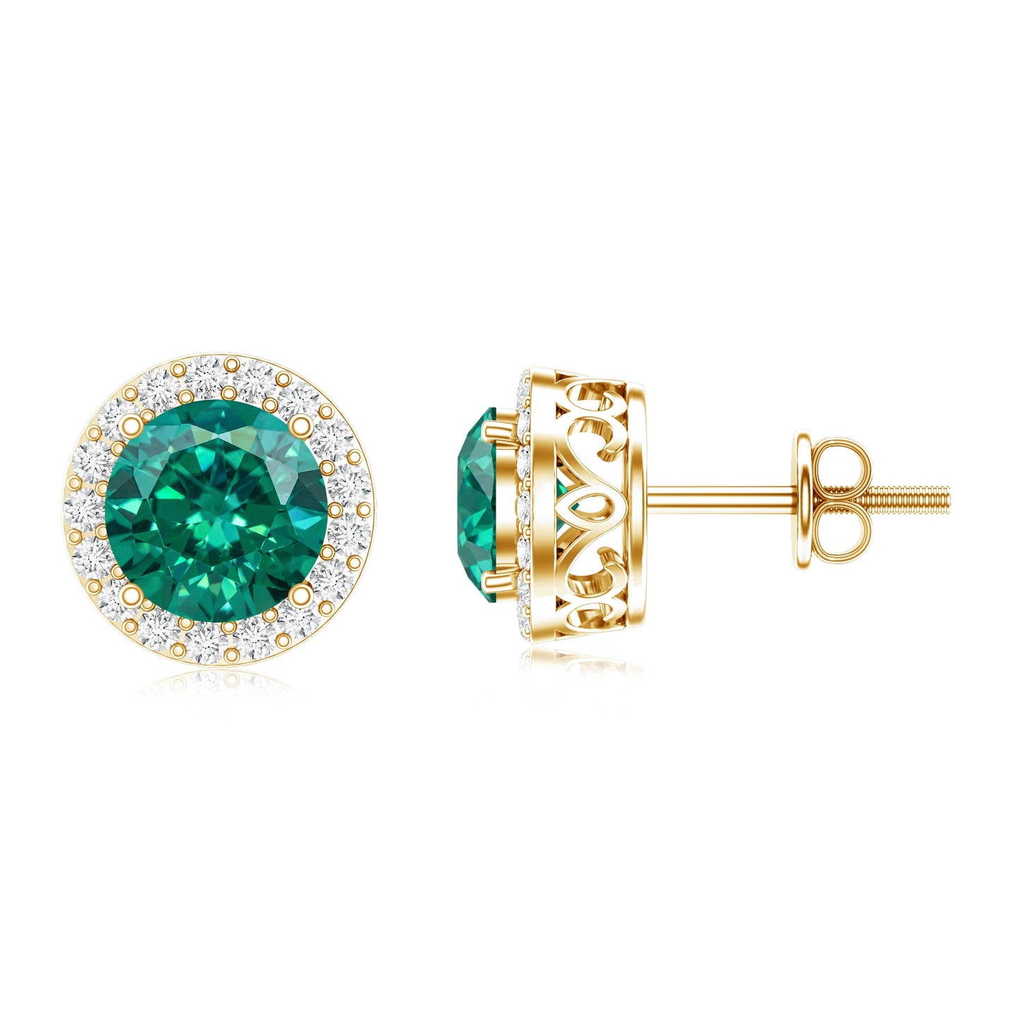 Created Emerald and Diamond Classic Halo Stud Earrings