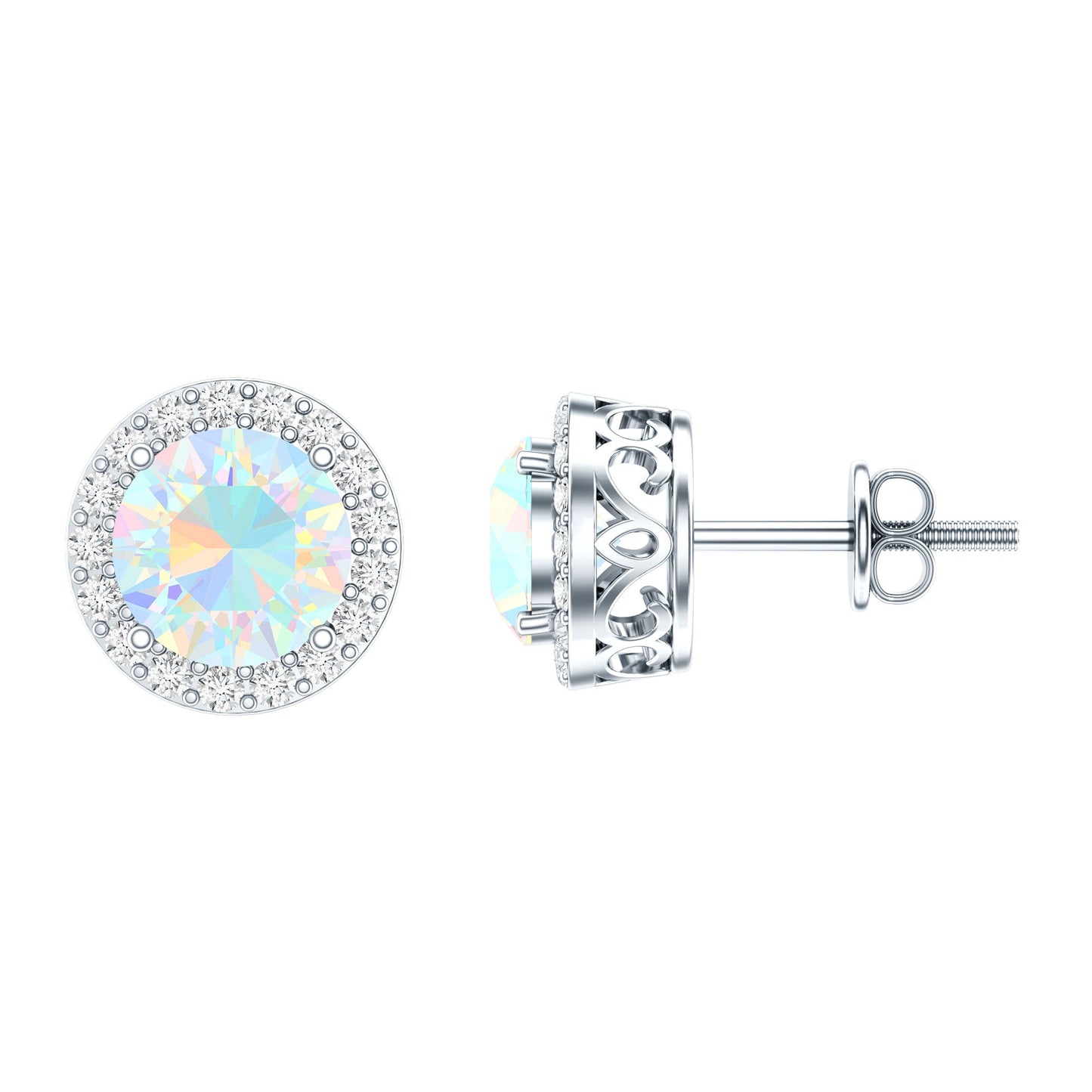 1.6 Carat Round Ethiopian Opal Stud Earrings with Diamond Halo in Prong Setting