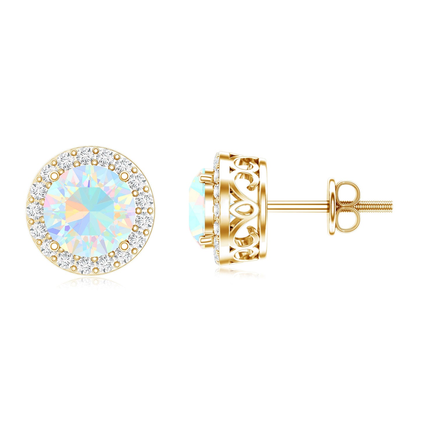 1.6 Carat Round Ethiopian Opal Stud Earrings with Diamond Halo in Prong Setting