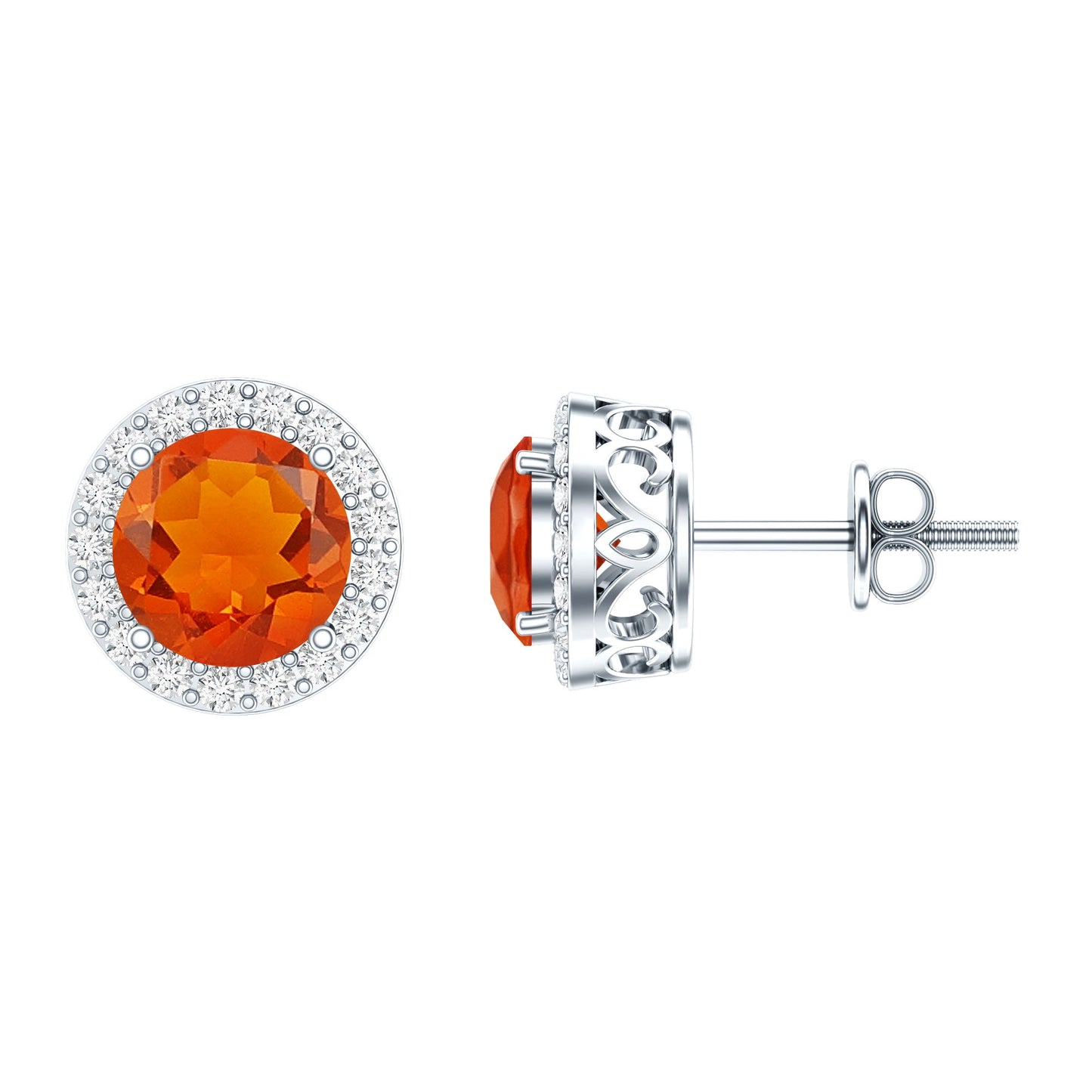 Round Fire Opal Minimal Halo Stud Earrings with Diamond