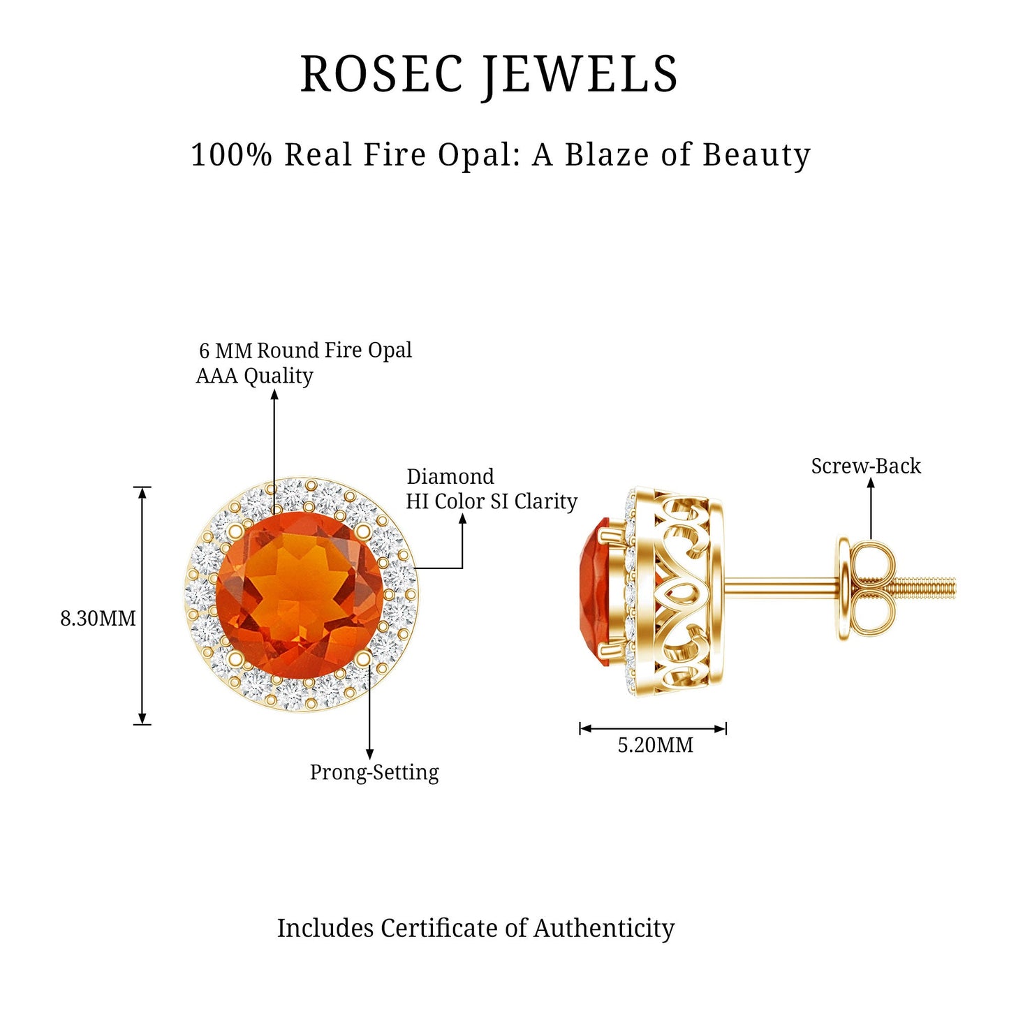 Round Fire Opal Minimal Halo Stud Earrings with Diamond