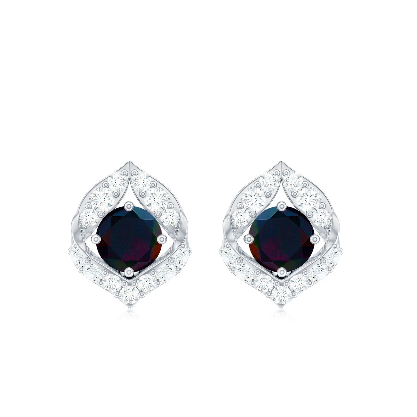 Natural Black Opal Diamond Leaf Earrings with Screw Back