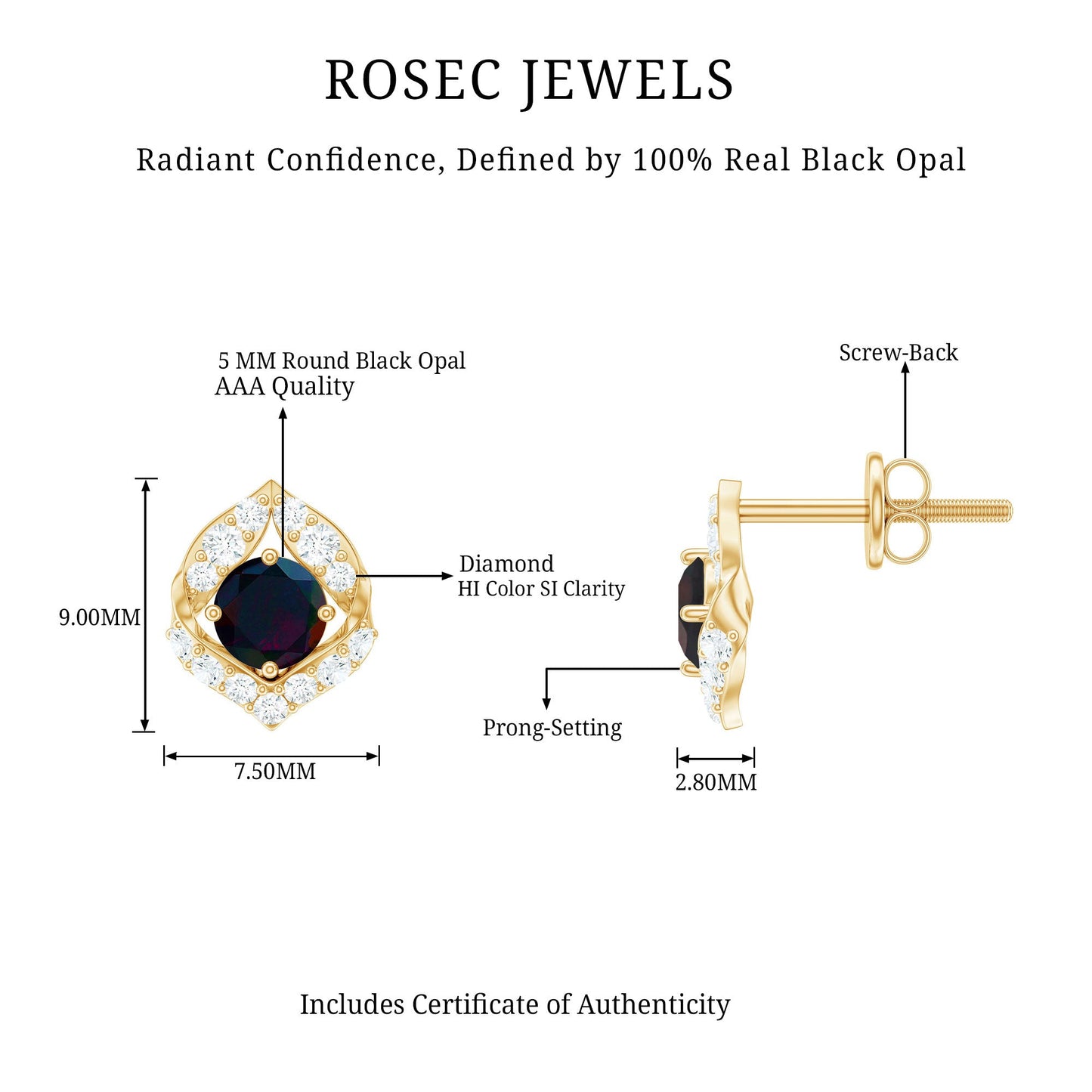 Natural Black Opal Diamond Leaf Earrings with Screw Back