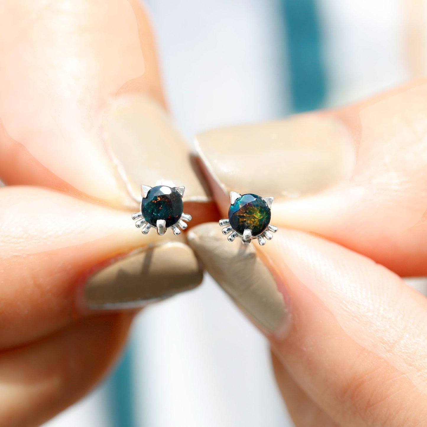 Solitaire Black Opal Cat Stud Earrings with Screw Back