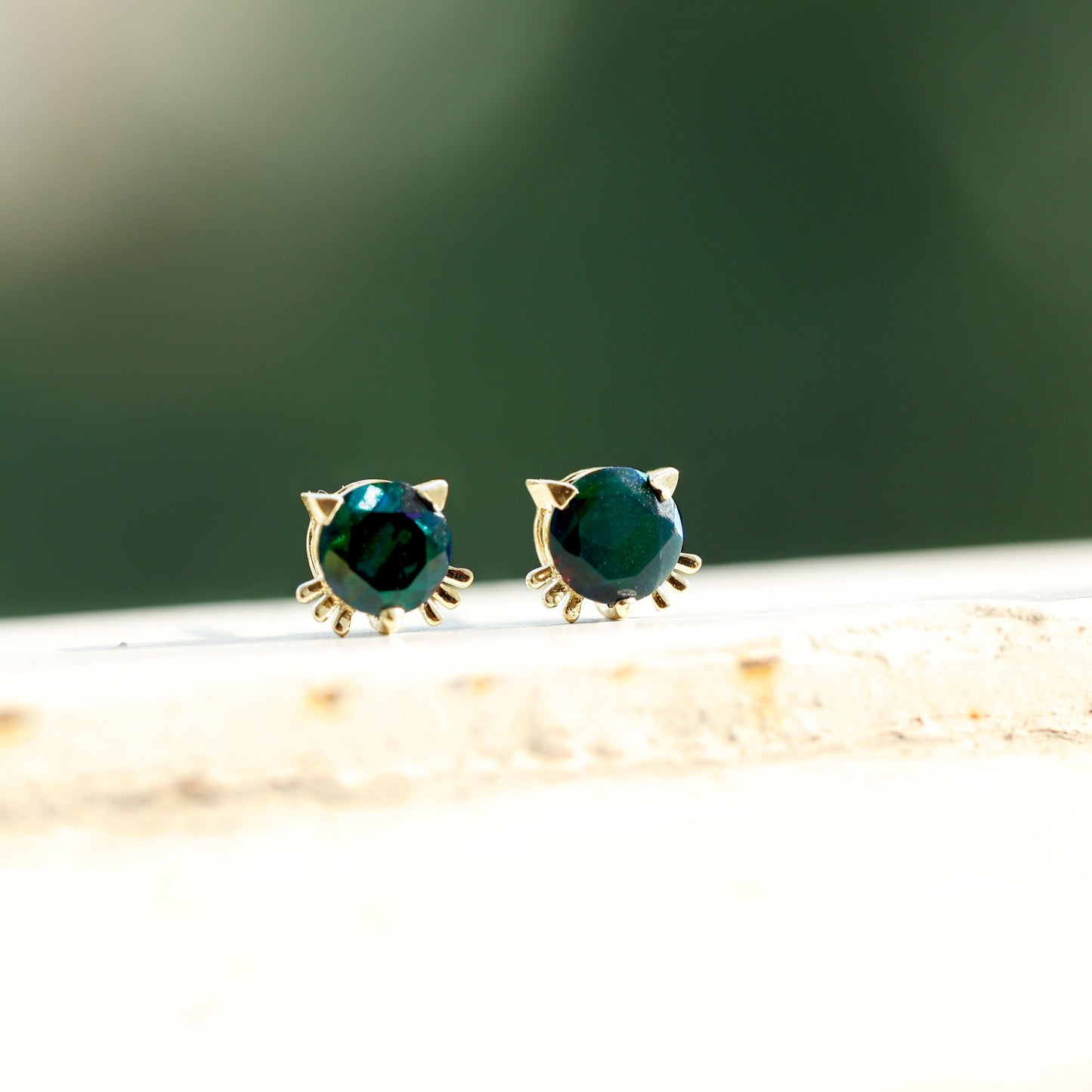 Solitaire Black Opal Cat Stud Earrings with Screw Back