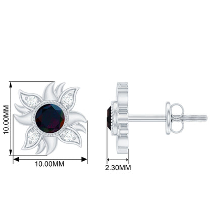 Genuine Black Opal Sunburst Stud Earrings with Diamond