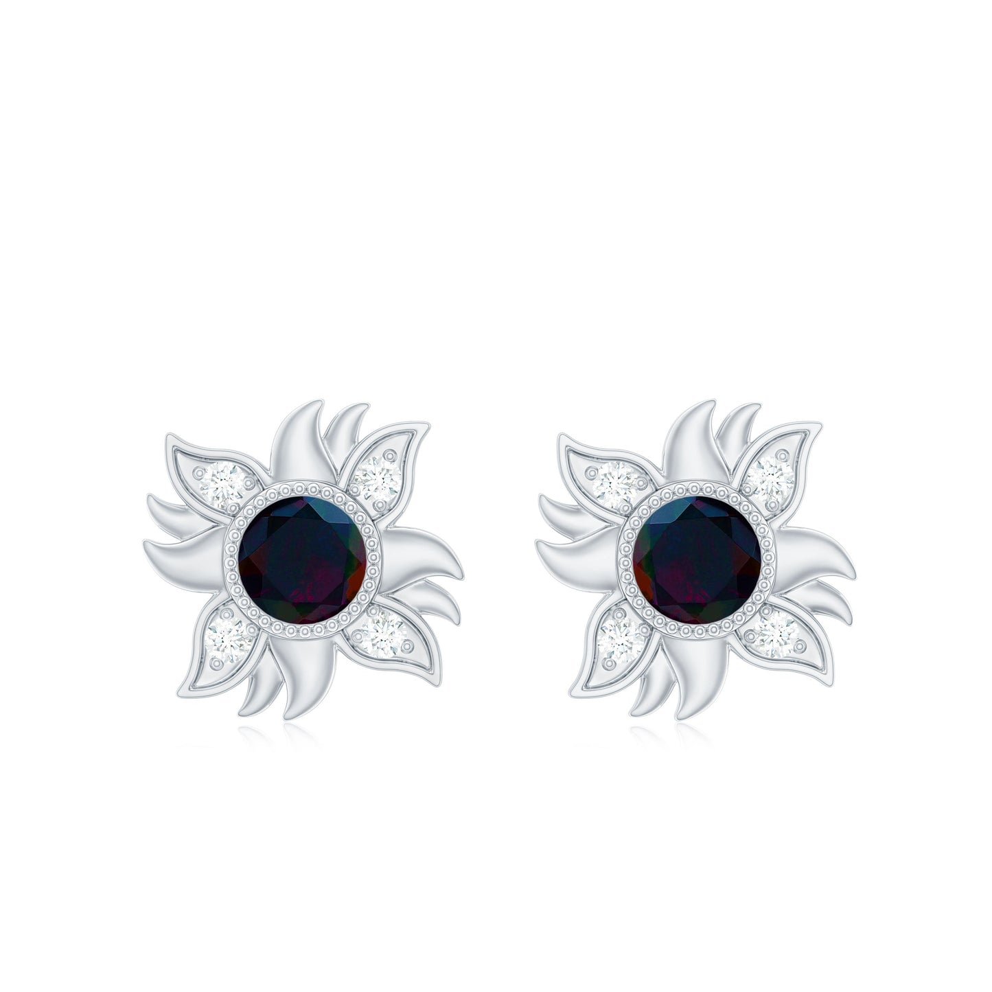 Genuine Black Opal Sunburst Stud Earrings with Diamond