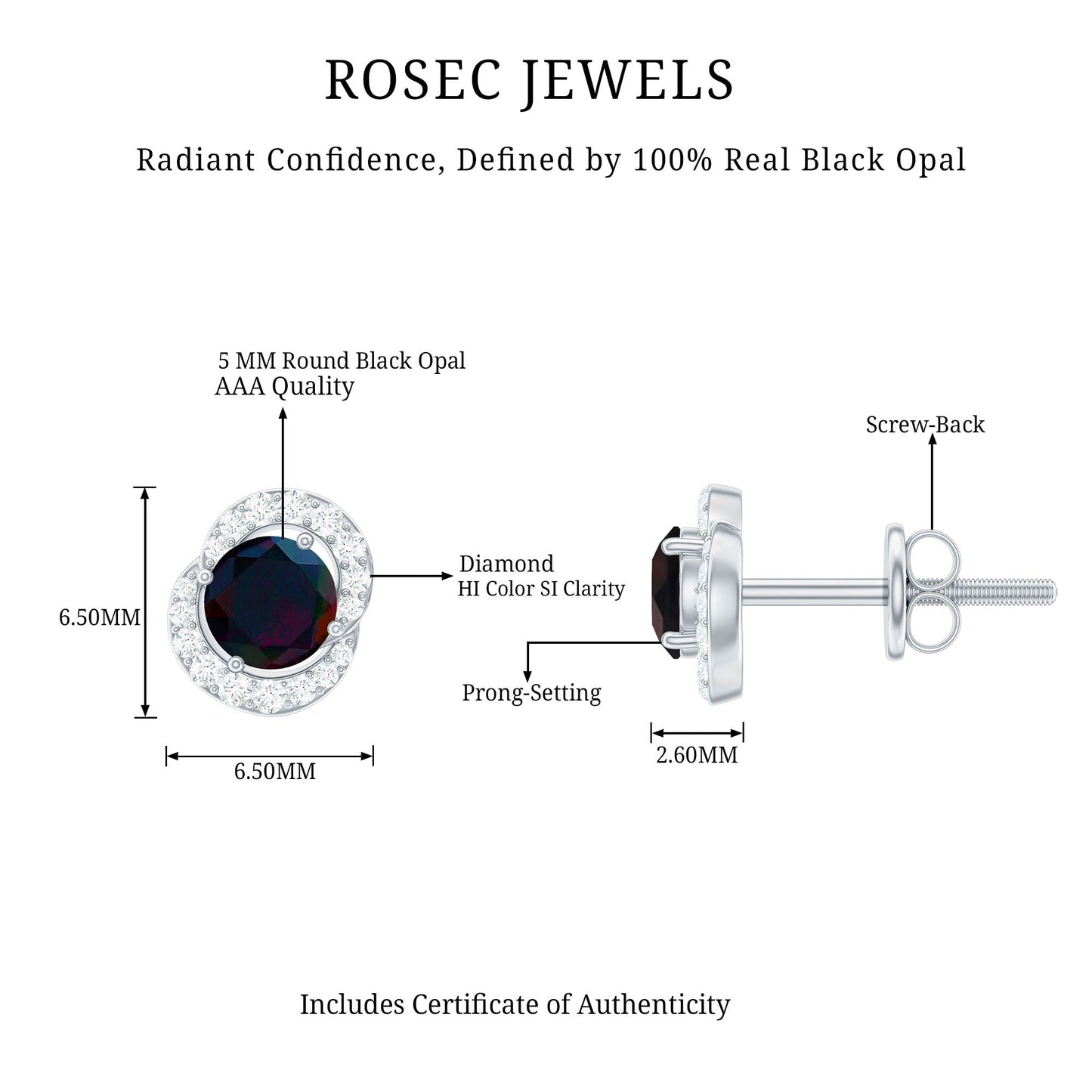 Natural Black Opal Stud Earrings with Diamond