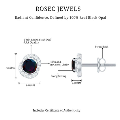 Natural Black Opal Stud Earrings with Diamond