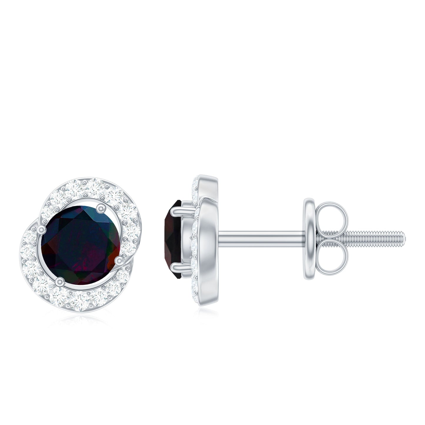 Natural Black Opal Stud Earrings with Diamond