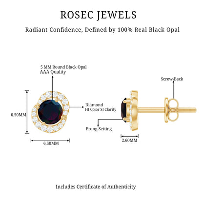 Natural Black Opal Stud Earrings with Diamond