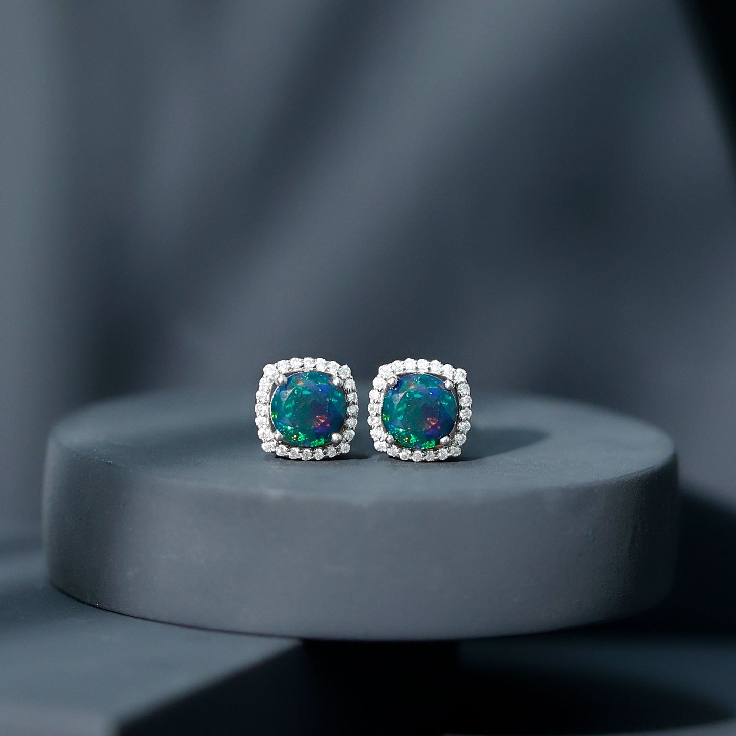 Round Shape Black Opal Stud Earrings with Moissanite Halo
