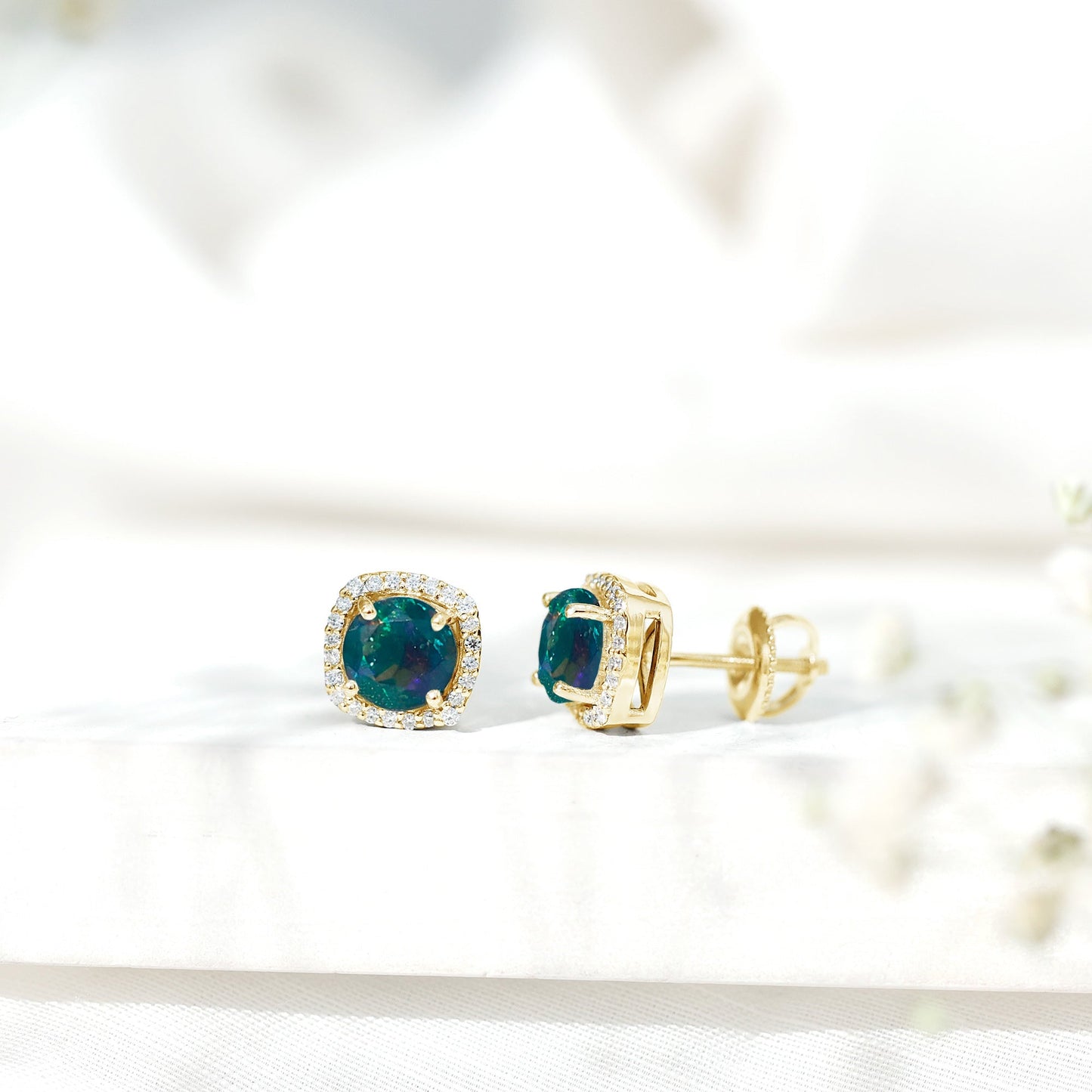 Round Shape Black Opal Stud Earrings with Moissanite Halo