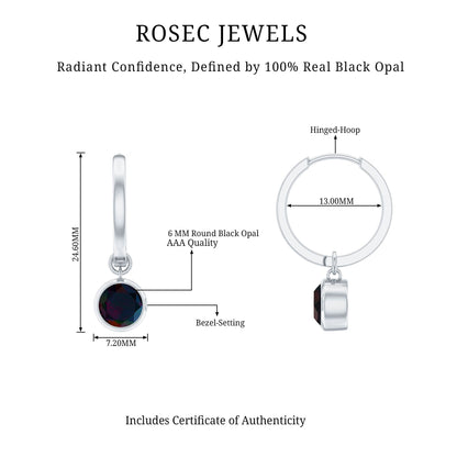 Natural Bezel Set Black Opal Dangle Hoop Earrings For Women