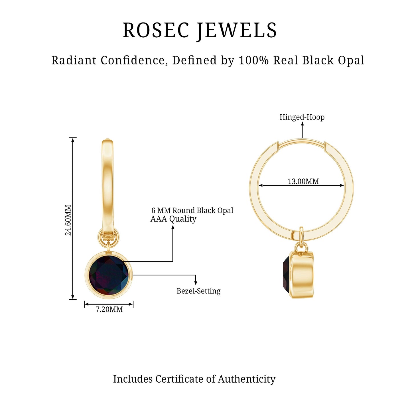 Natural Bezel Set Black Opal Dangle Hoop Earrings For Women