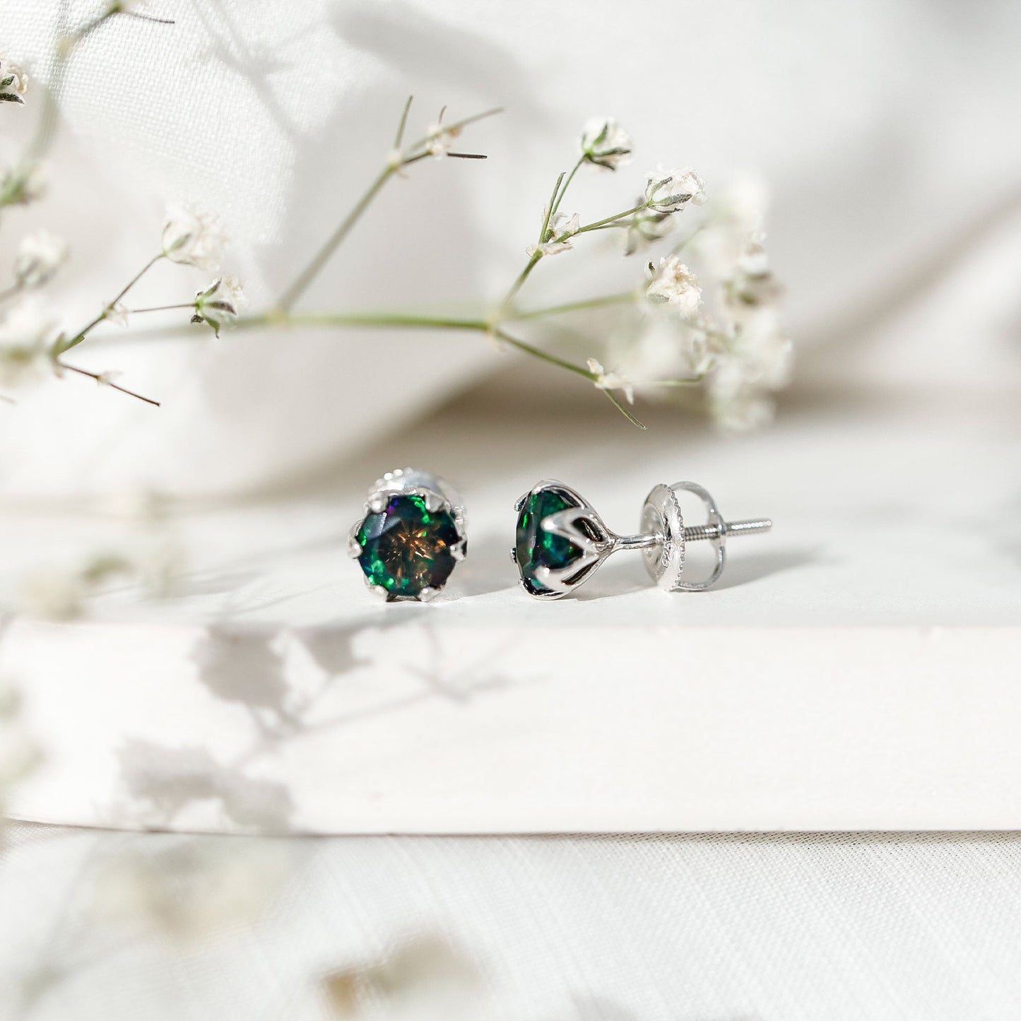 1.6 Carat Round Shape Black Opal Solitaire Stud Earrings