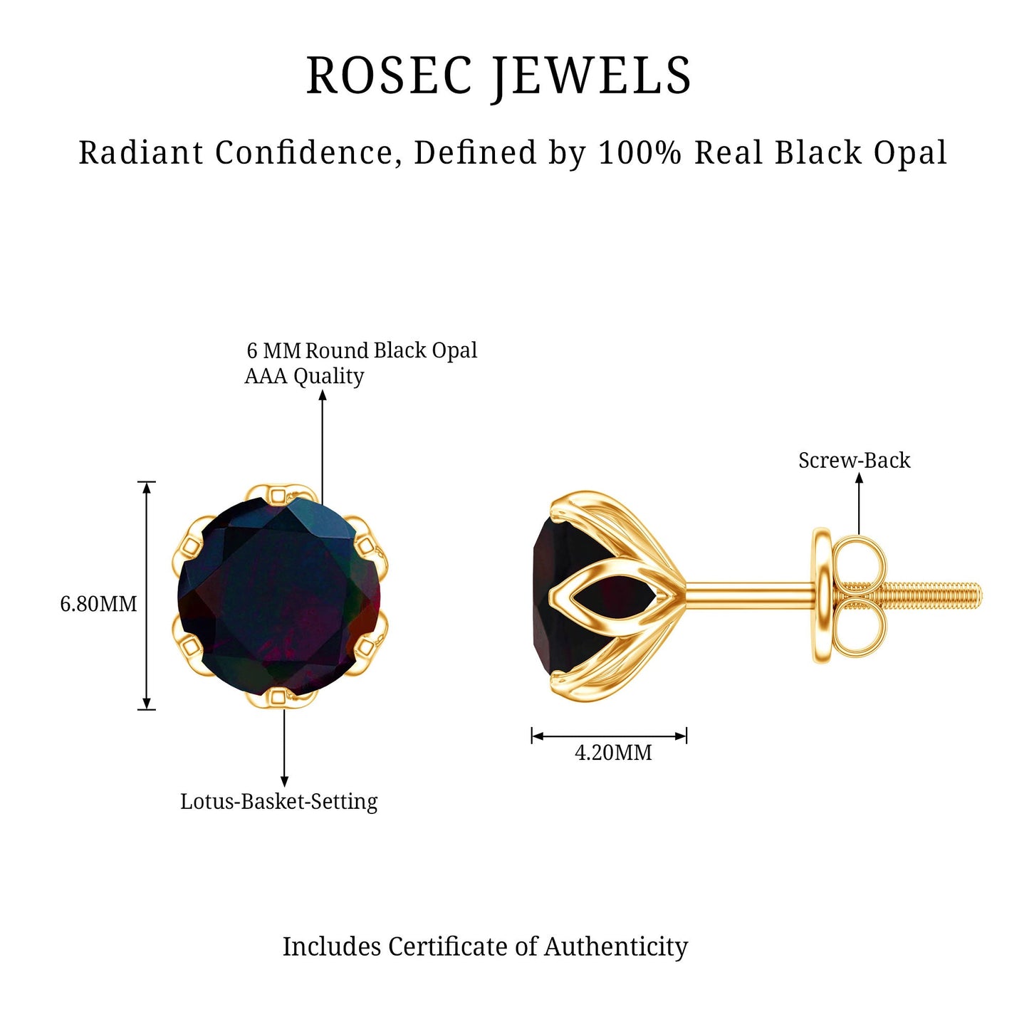1.6 Carat Round Shape Black Opal Solitaire Stud Earrings
