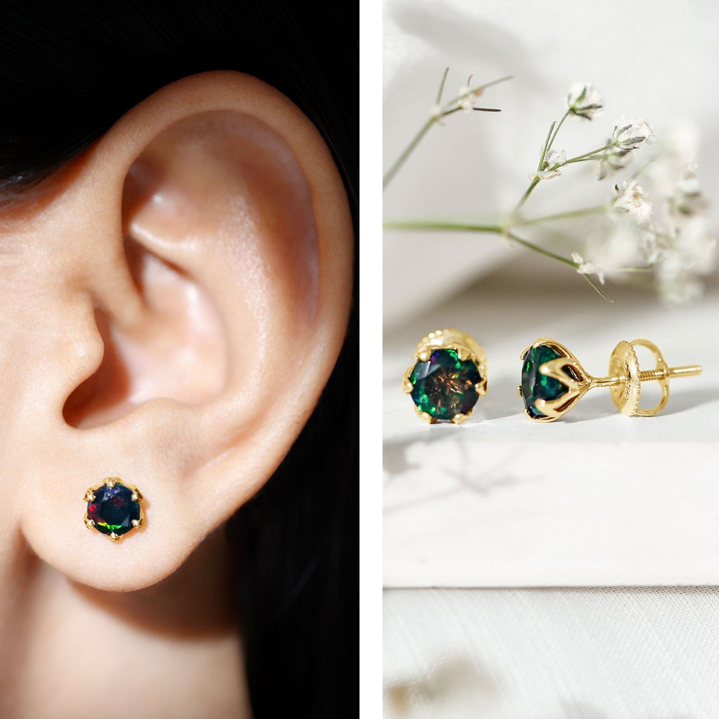 1.6 Carat Round Shape Black Opal Solitaire Stud Earrings