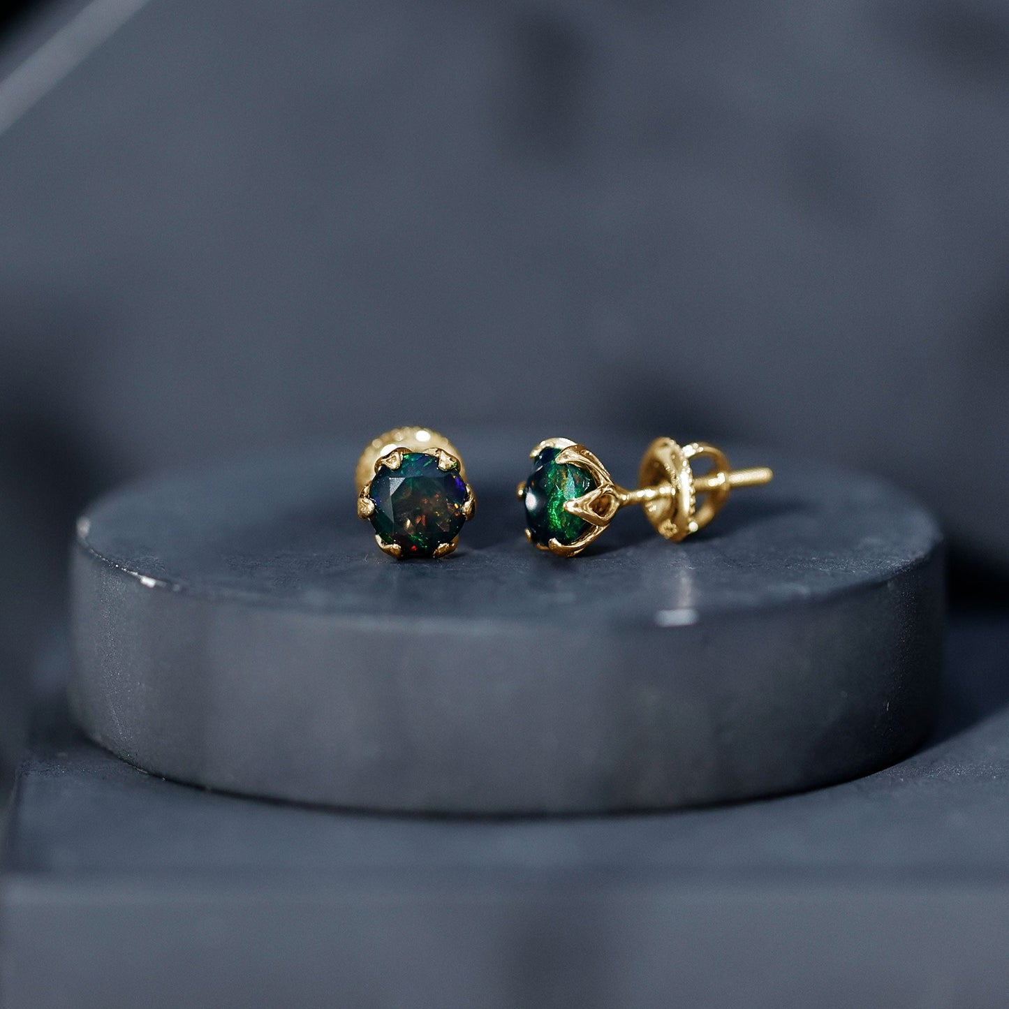 1.6 Carat Round Shape Black Opal Solitaire Stud Earrings
