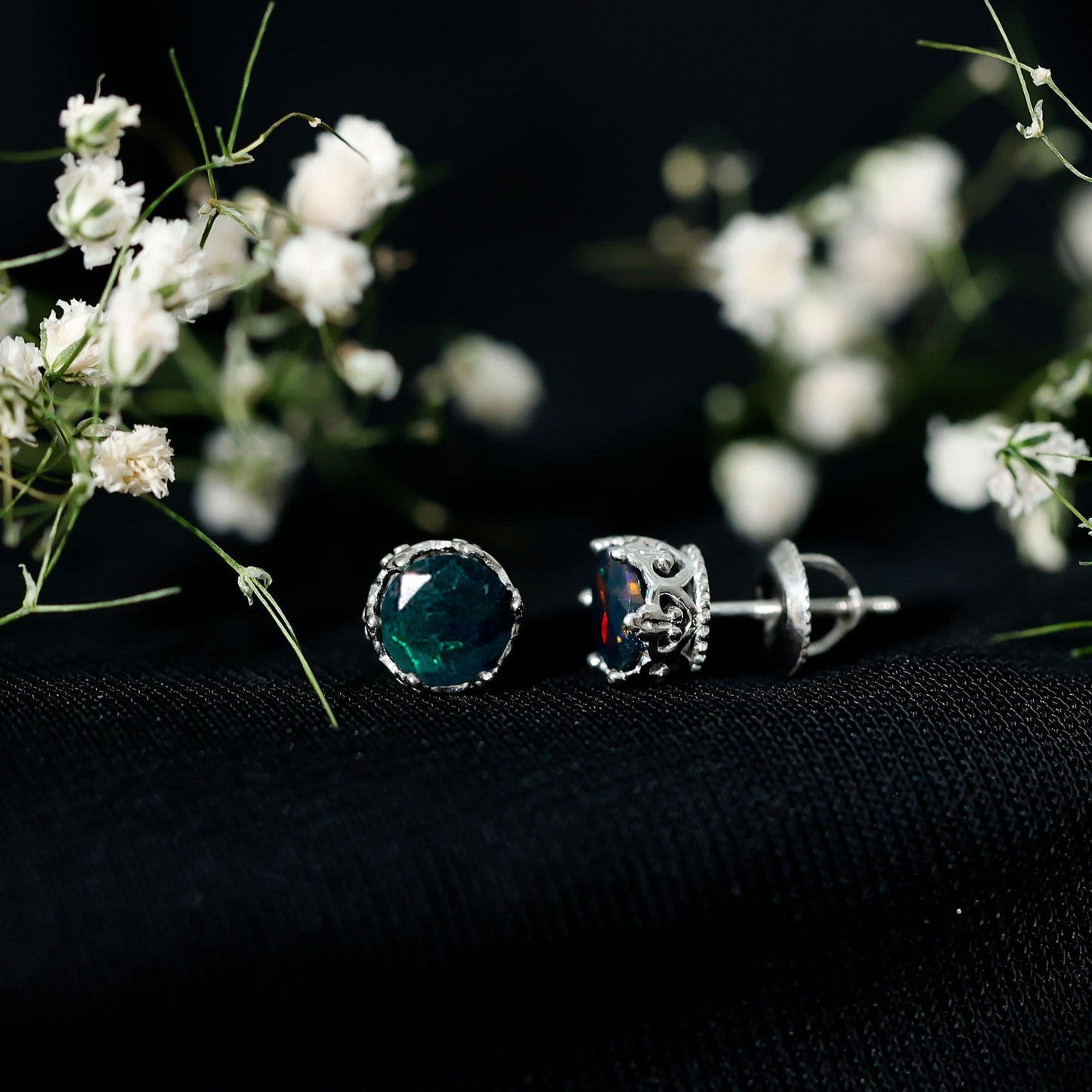 Natural 1.6 Carat Black Opal Crown Stud Earrings in Silver