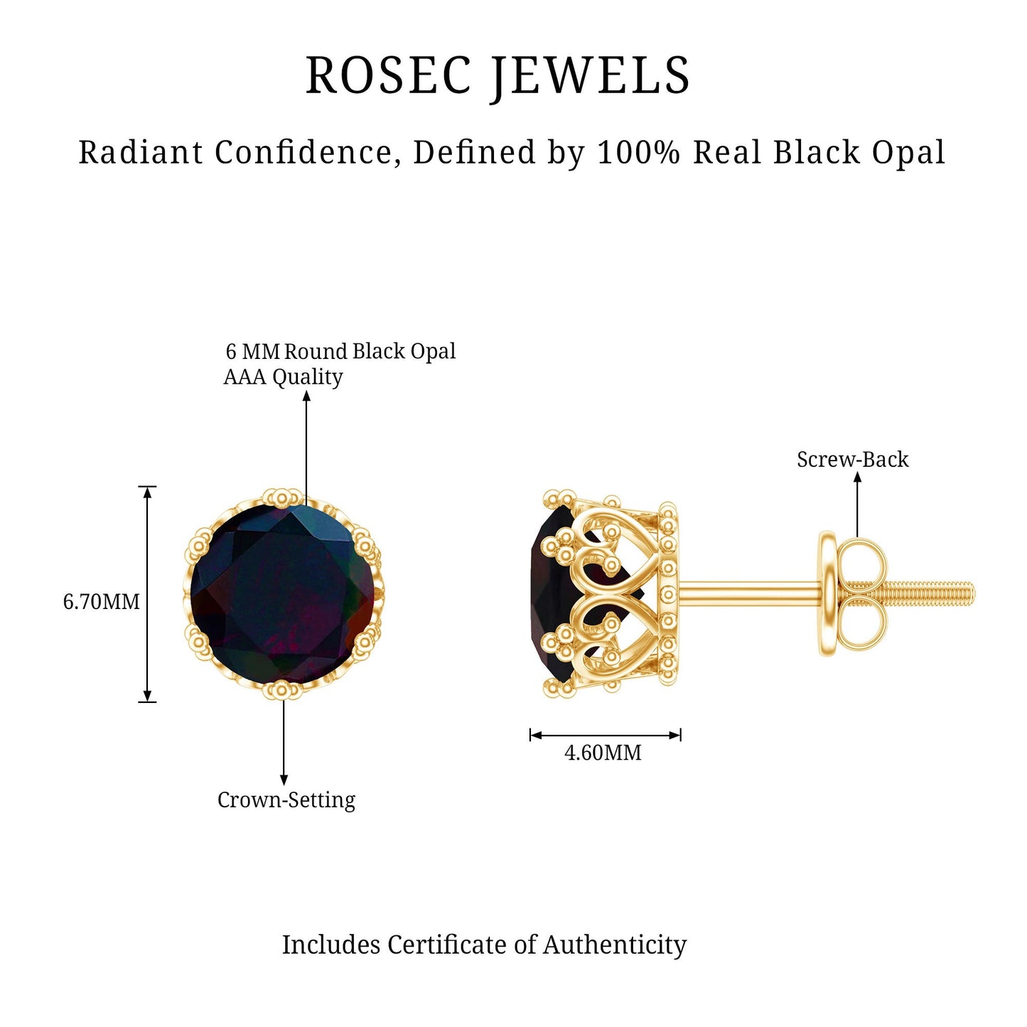 Natural Black Opal Crown Stud Earrings with Screw Back