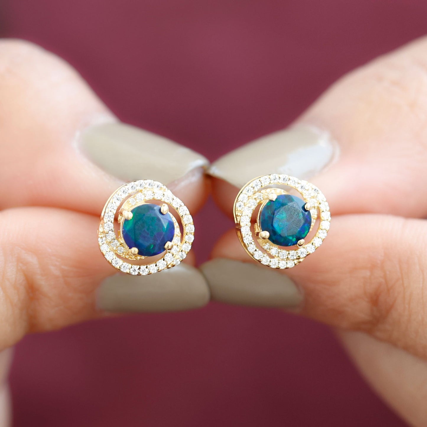 1.6 Carat Black Opal Swirl Stud Earrings with Certificate