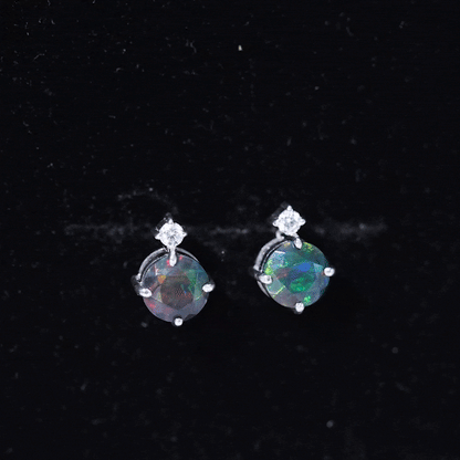Round Black Opal Solitaire Stud Earrings with Dainty Moissanite