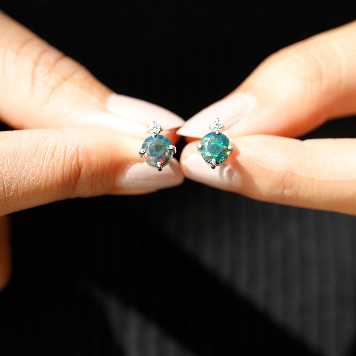 Round Black Opal Solitaire Stud Earrings with Dainty Moissanite
