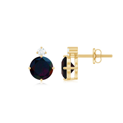 Round Black Opal Solitaire Stud Earrings with Dainty Moissanite