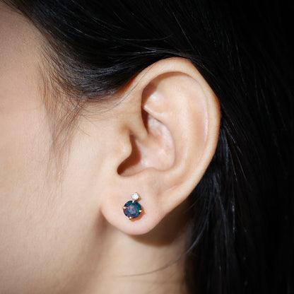 Round Black Opal Solitaire Stud Earrings with Dainty Moissanite