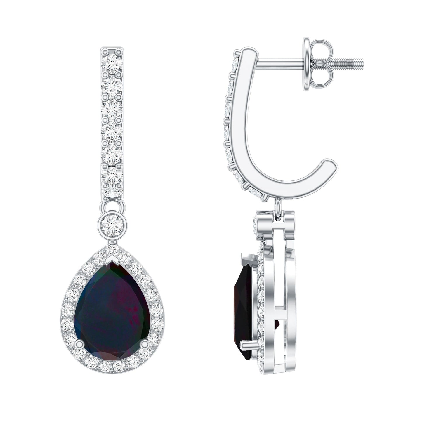 Classic Black Opal and Moissanite Hoop Drop Earrings
