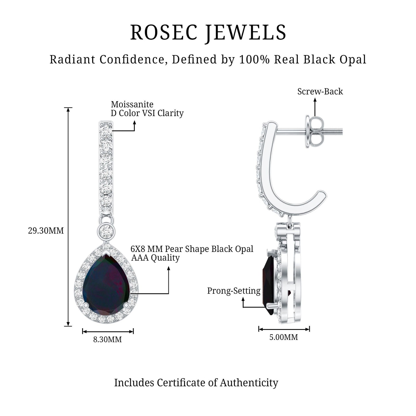 Natural 2 Carat Black Opal Teardrop Earrings with Moissanite