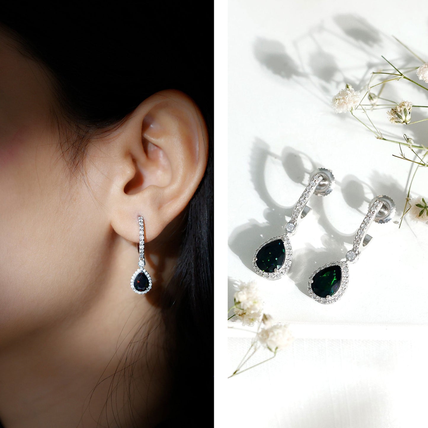 Natural 2 Carat Black Opal Teardrop Earrings with Moissanite