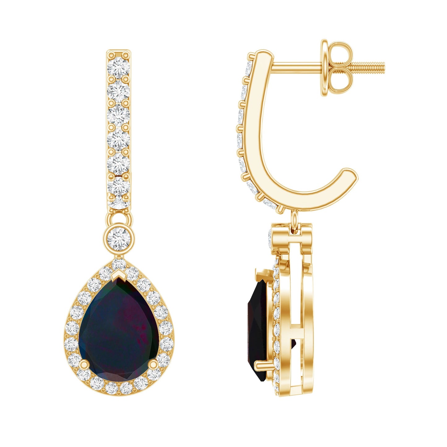 Classic Black Opal and Moissanite Hoop Drop Earrings