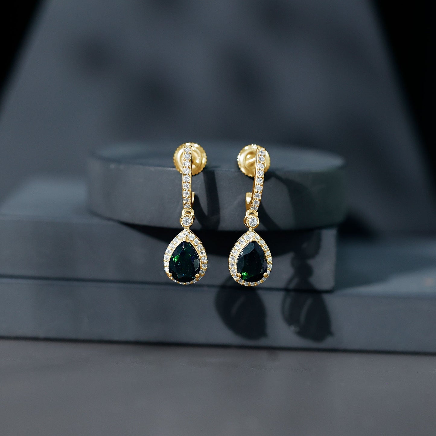 Classic Black Opal and Moissanite Hoop Drop Earrings