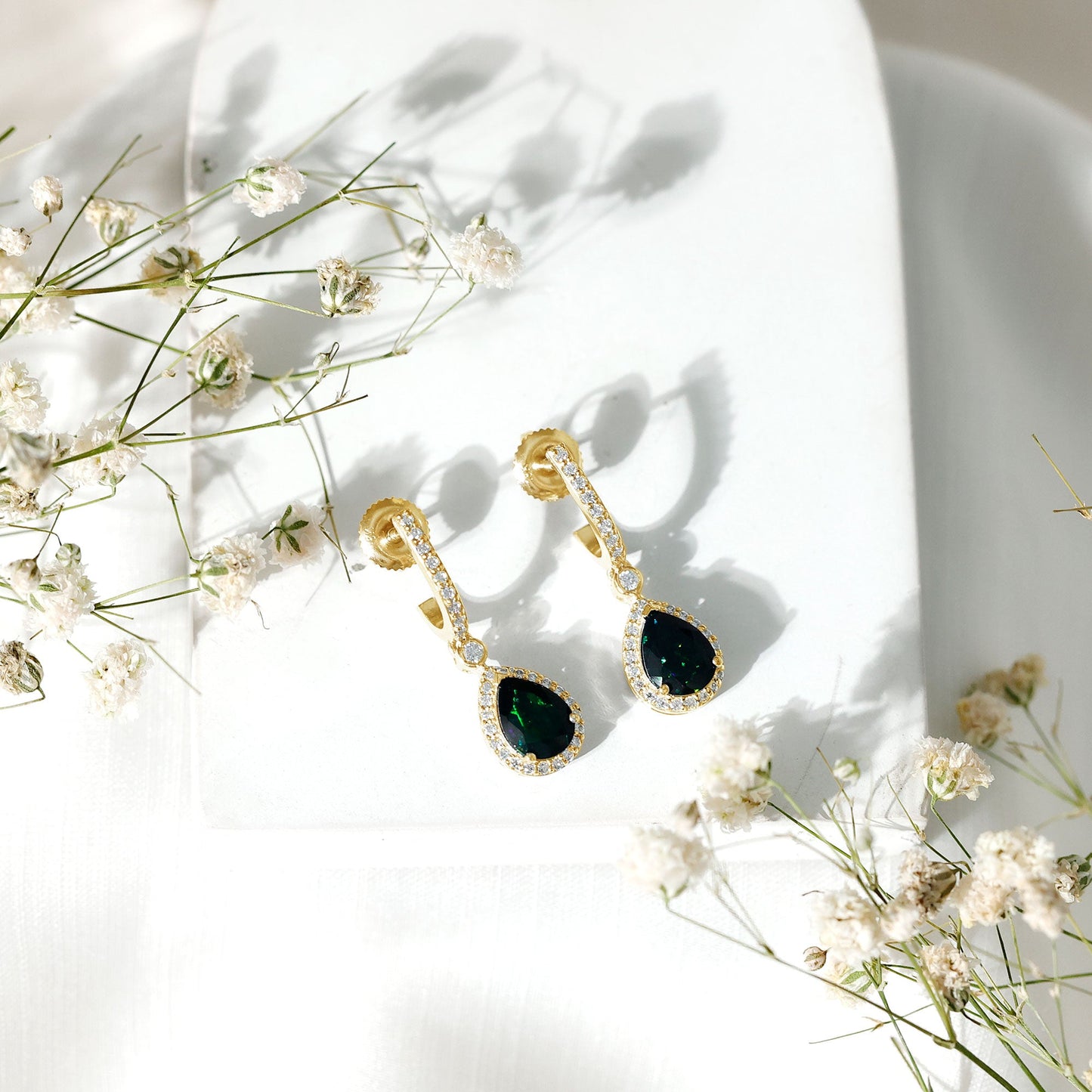 Classic Black Opal and Moissanite Hoop Drop Earrings