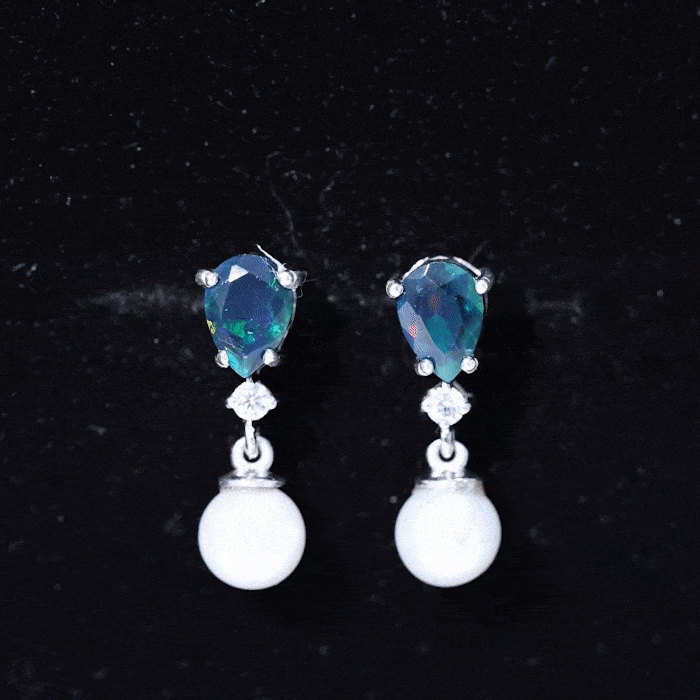 Pear Cut Black Opal and Freshwater Pearl Drop Earrings with Moissanite