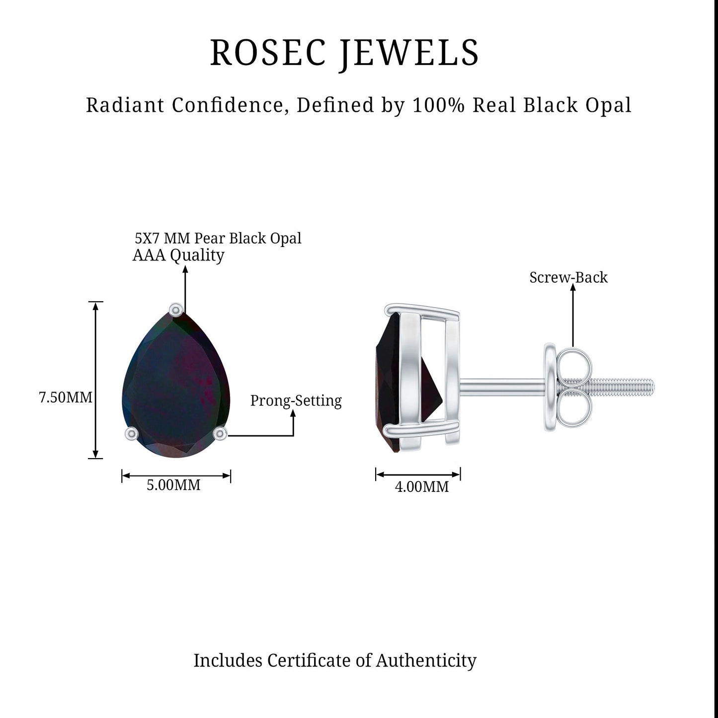 Genuine 1.4 Carat Pear Shaped Black Opal Stud Earrings
