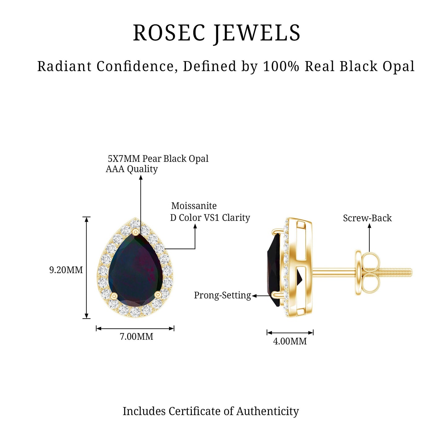 Classic Pear Cut Black Opal and Moissanite Halo Stud Earrings