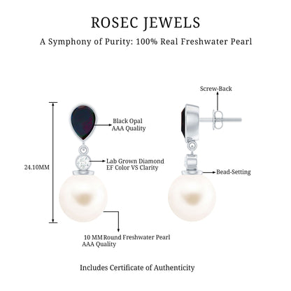 Freshwater Pearl Drop Earrings with Black Opal and Diamond