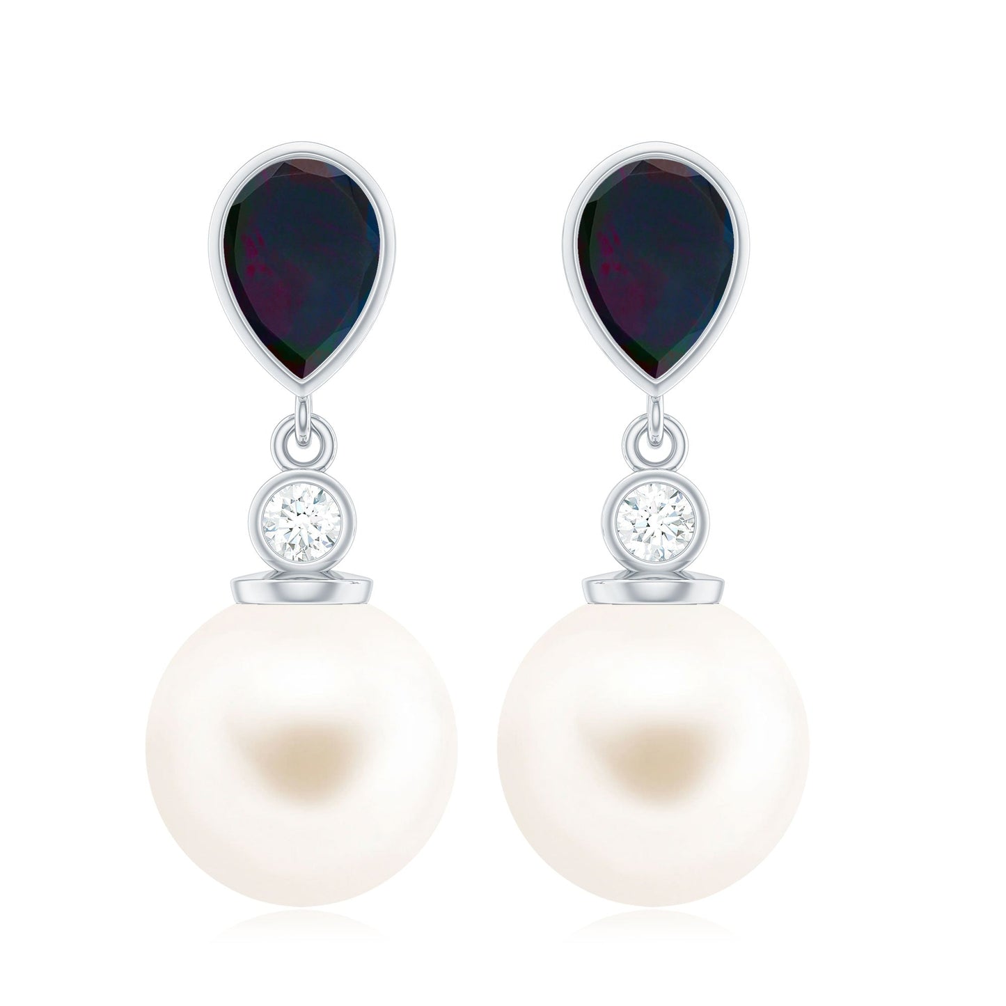 Freshwater Pearl Drop Earrings with Black Opal and Diamond