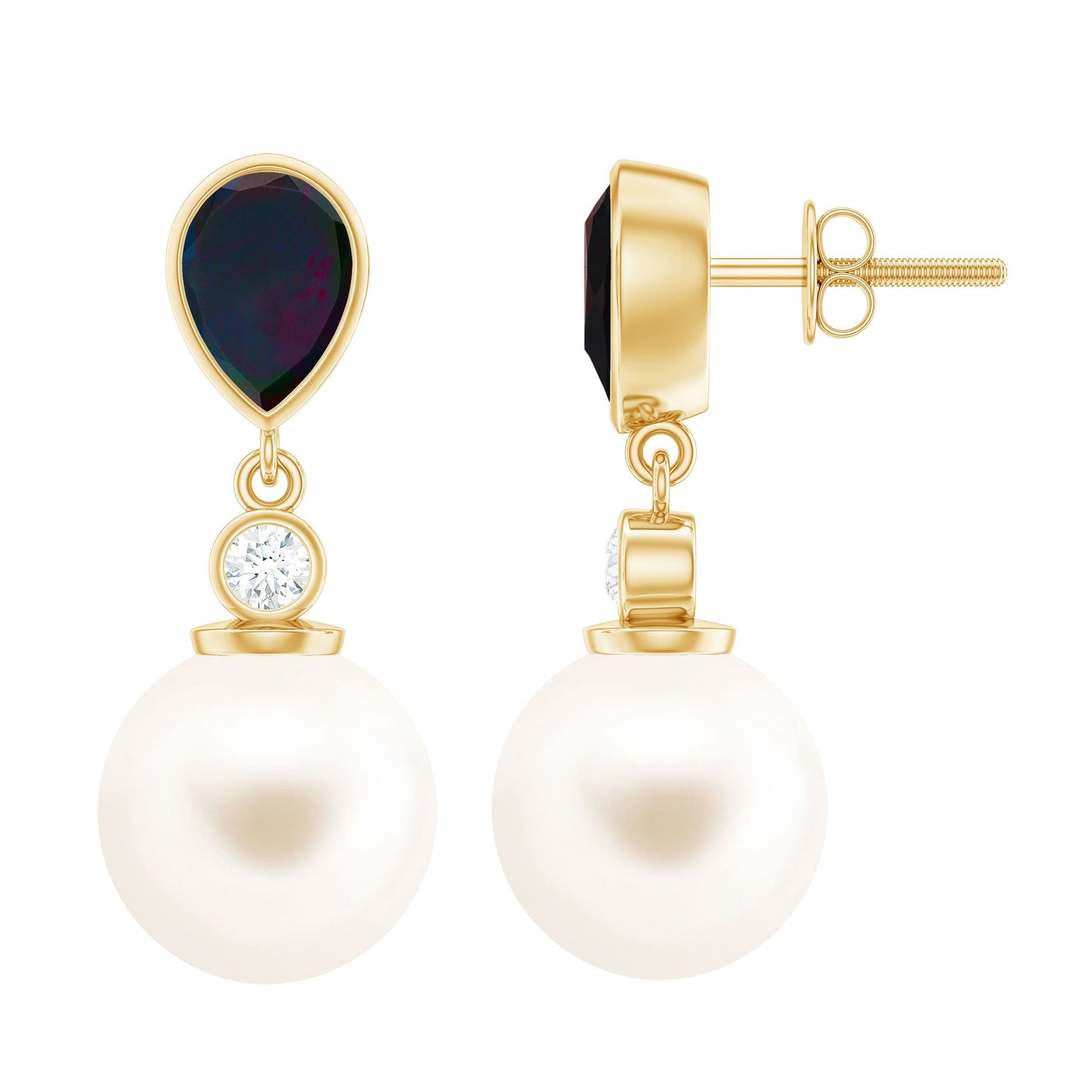 Freshwater Pearl Drop Earrings with Black Opal and Diamond