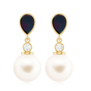 Freshwater Pearl Drop Earrings with Black Opal and Diamond