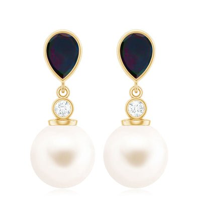 Freshwater Pearl Drop Earrings with Black Opal and Diamond