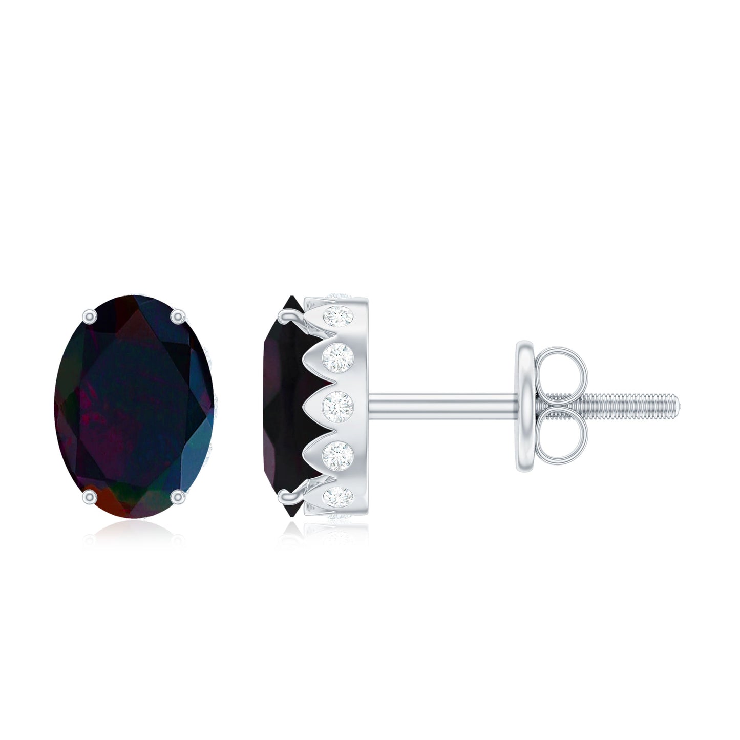 1.8 Carat Oval Black Opal Solitaire Stud Earrings with Diamond